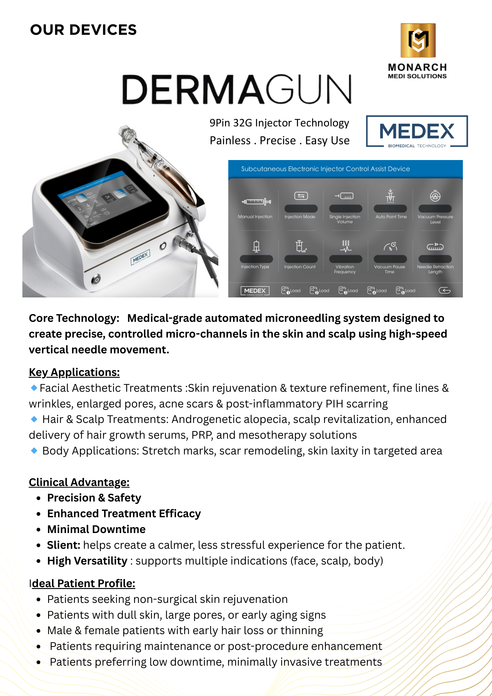 MEDEX DERMAGUN 9-pin 32G automated microneedling machine and injector with its touchscreen control panel, supplied in Malaysia by Monarch Medi Solutions