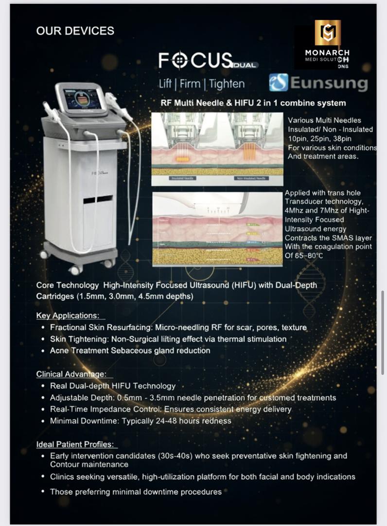 Eunsung FOCUS DUAL brochure page showing the RF and HIFU console, 10, 25 and 38 pin needle options, and 1.5, 3.0 and 4.5 mm HIFU cartridges