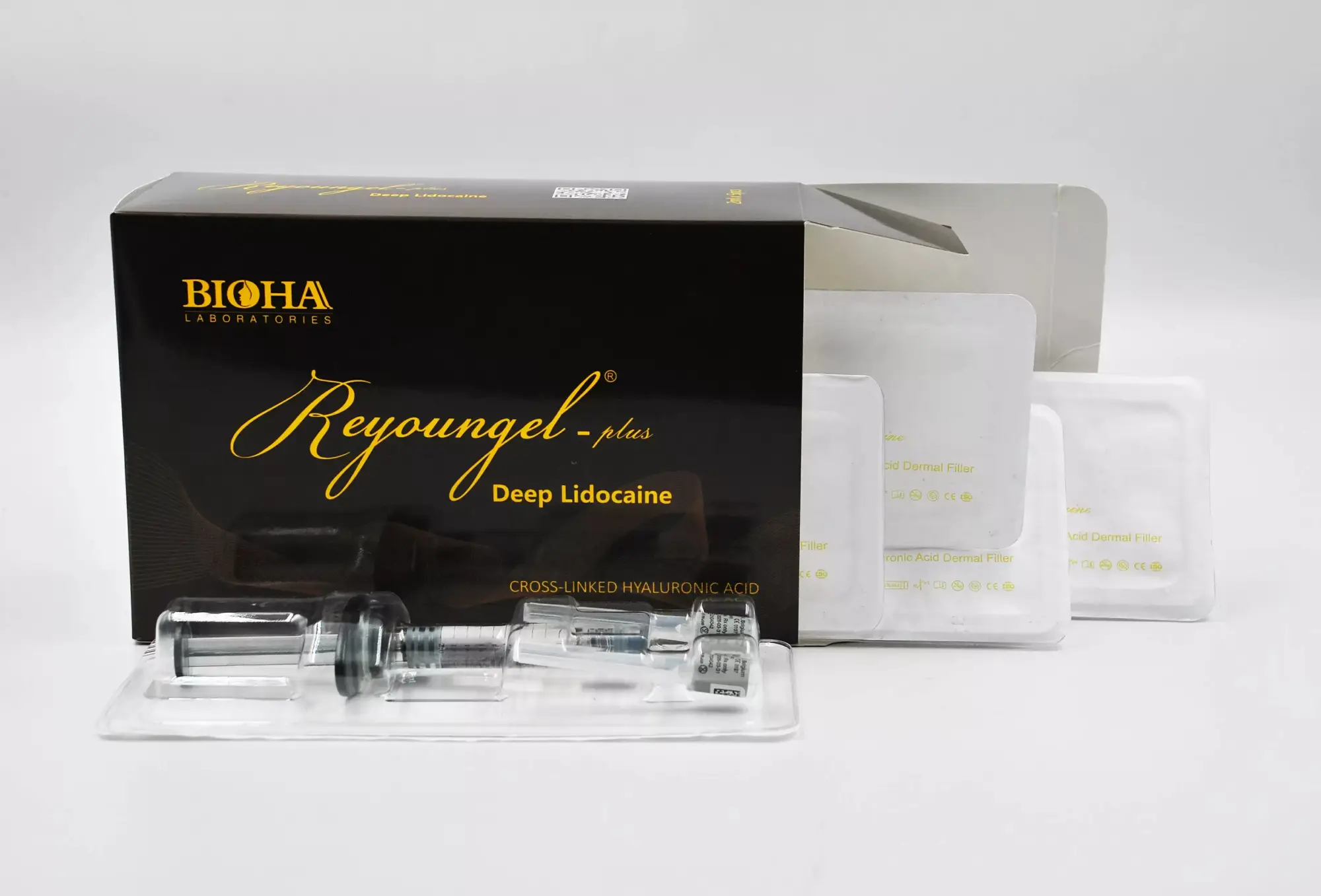 Bioha Laboratories Reyoungel-plus Deep Lidocaine box with cross-linked hyaluronic acid syringes in sterile blister packs